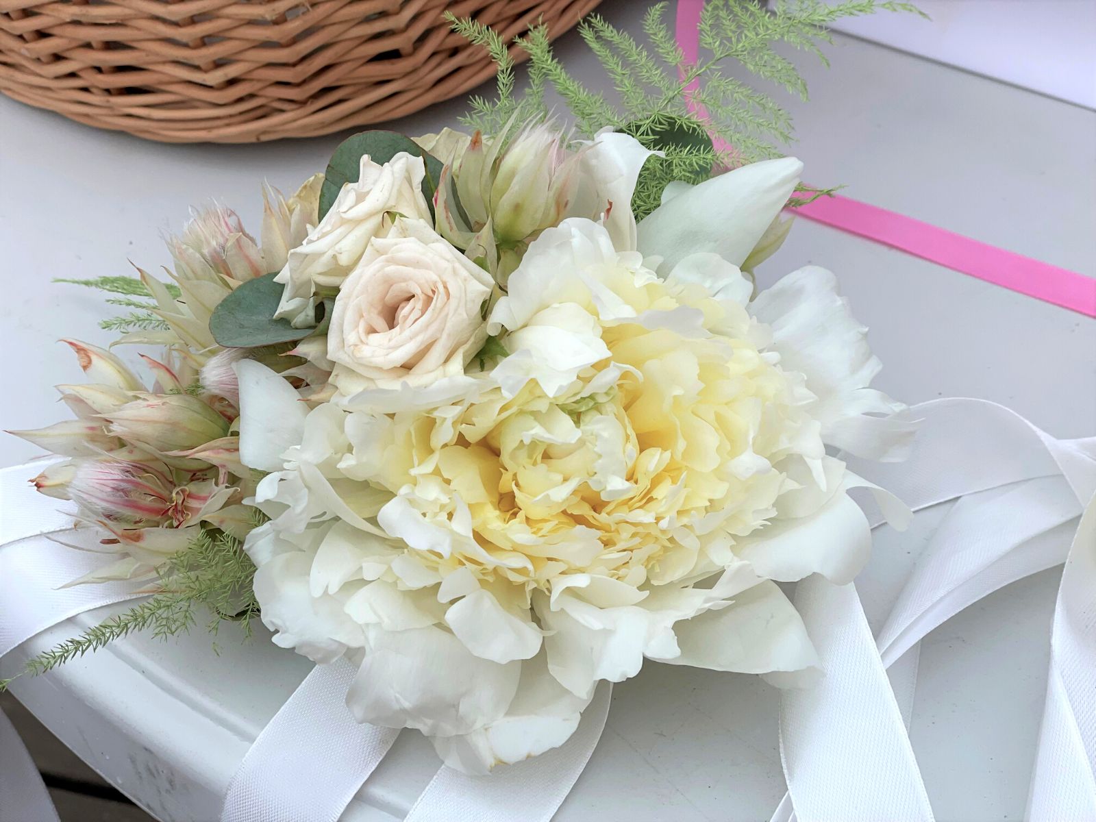 Protea Blushing Bride Sprayroses and White Peonies in a Bracelet Blog by Kristina Rimiene on Thursd